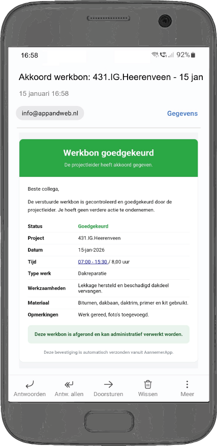 Goedgekeurde werkbon in de Aannemerapp