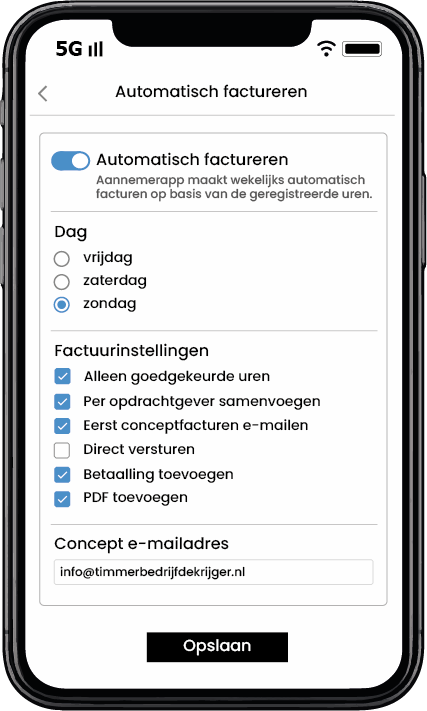Instellingen voor automatisch factureren in Aannemerapp