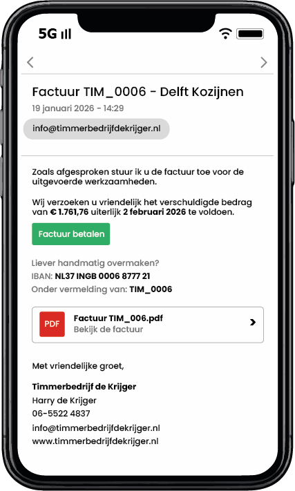 Factuur per e-mail versturen met PDF en online betaalknop vanuit Aannemerapp