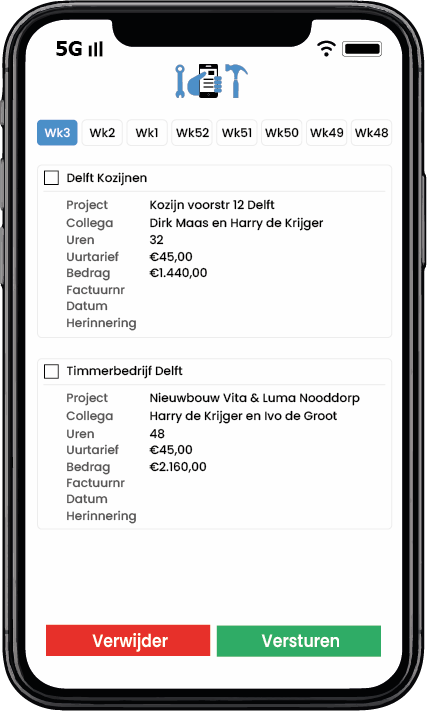 Geregistreerde en goedgekeurde uren factureren vanuit Aannemerapp