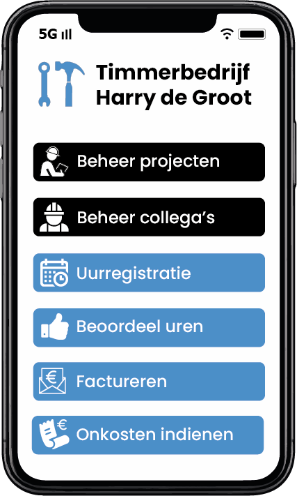Hoofdmenu van Aannemerapp voor kleine aannemers en zzp'ers