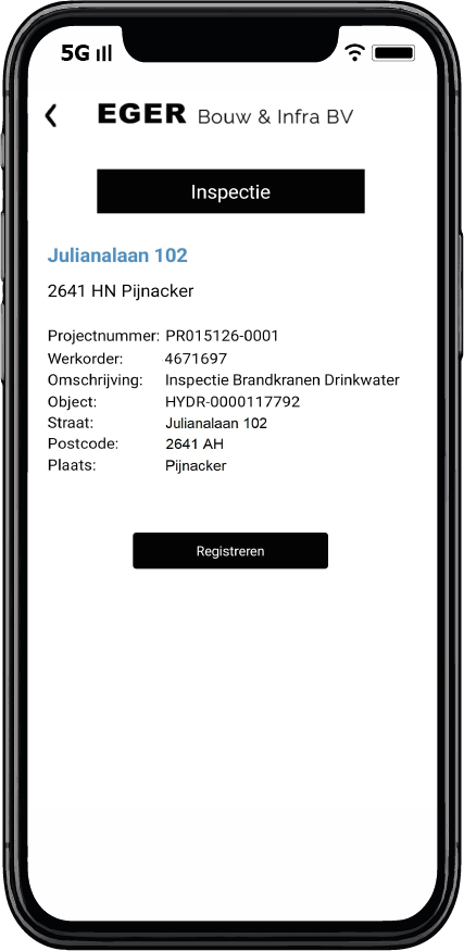 Gegevens van een geselecteerde brandkraan bekijken en de inspectie starten in Aannemerapp