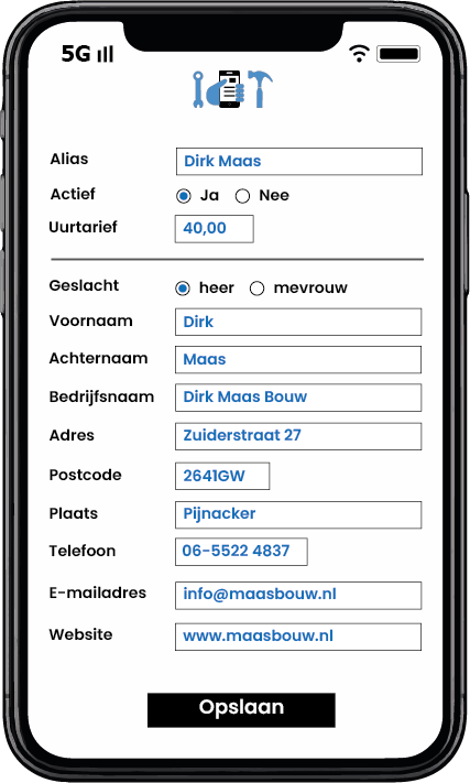 Nieuwe collega met contactgegevens en uurtarief toevoegen in Aannemerapp