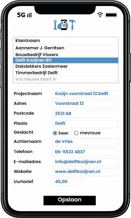 Nieuwe klant en nieuw project met adres, contactgegevens en uurtarief aanmaken in Aannemerapp