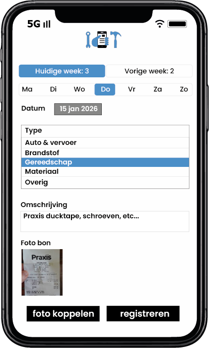 Onkosten registreren en een foto van de bon koppelen in Aannemerapp