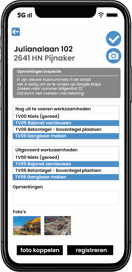 Opvolging van een brandkraan registreren met werkzaamheden, opmerkingen en foto's