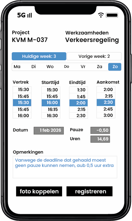 Verkeersregelaar bekijkt geregistreerde uren, overuren en pauzes in Aannemerapp