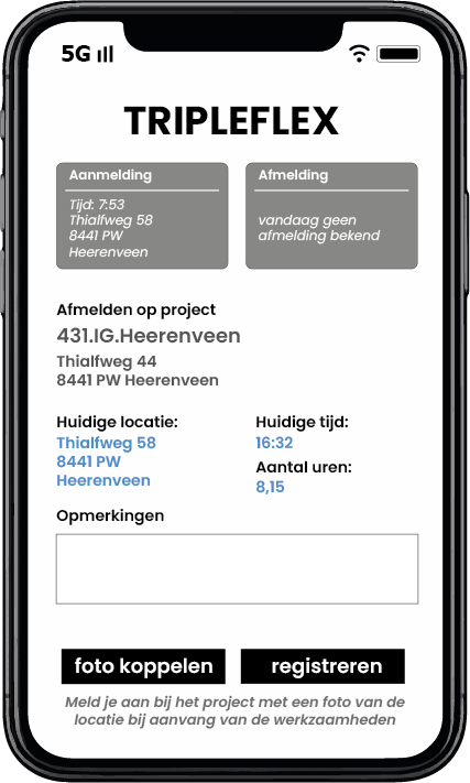 Digitale prikklok voor aan- en afmelden op de projectlocatie met Aannemerapp