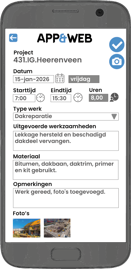 Ingevulde werkbon met foto's in de Aannemerapp