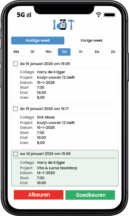 Geregistreerde uren van collega's beoordelen en goedkeuren in Aannemerapp
