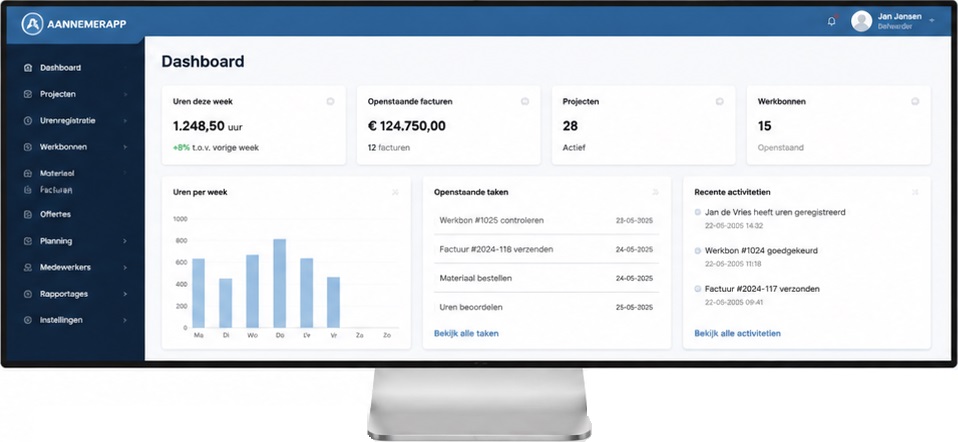 Administratiesysteem van Aannemerapp voor het beheren van collega’s, klanten en projecten